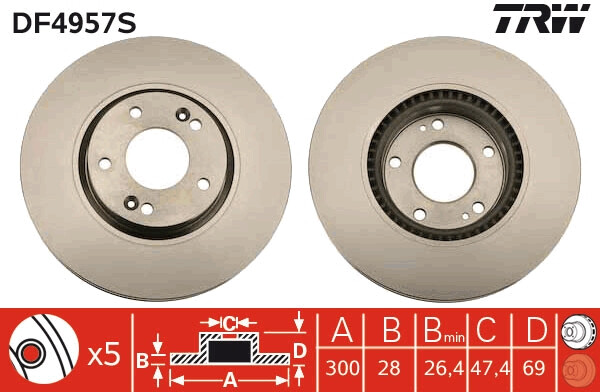 Disque de frein DF4957S TRW en fonte haute teneur en carbone pour berlines KIA et HYUNDAI