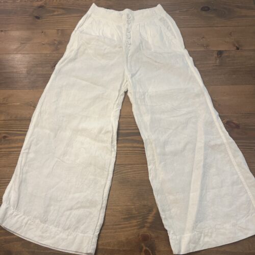 Faherty Linen Pants Women's Size Small Wide Leg Baggy White High Rise Button - Picture 1 of 7