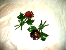 ITALIAN TOLE FLOWER CANDLE HOLDERS ORIGINAL CHIPPY RUSTY PAINT 1930s VINTAGE