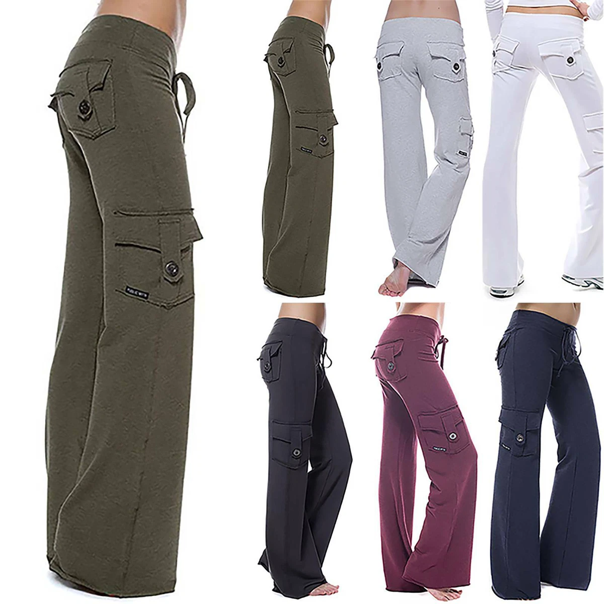 Womens Bootcut Cargo Combat Yoga Sport Wide Leg Long Pockets Work Pants  Trousers