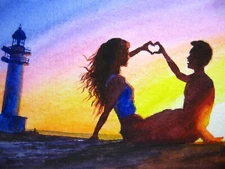 Watercolor Painting Seascape Sunset Woman Man Couple Love Art No.147