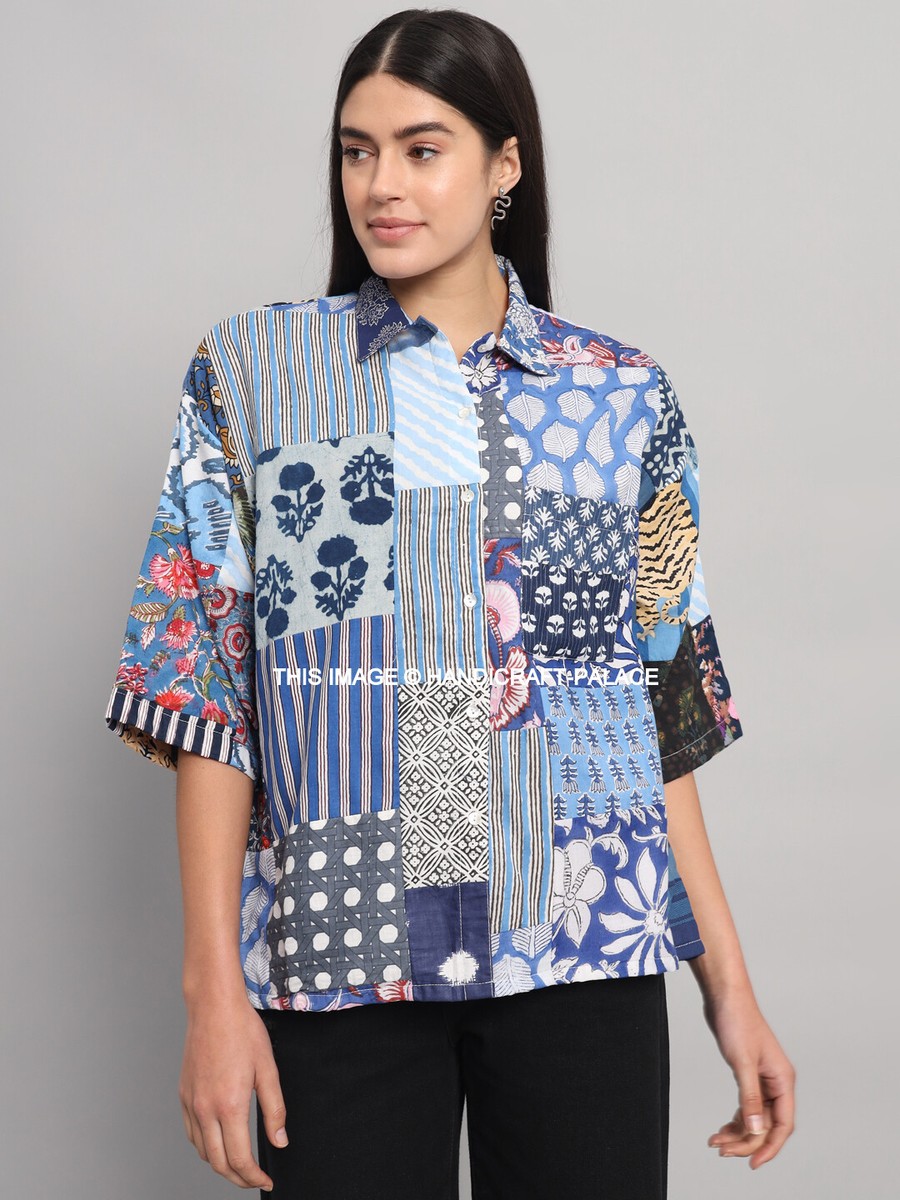 Women Blue Patchwork Shirts Beach Wear Short Sleeves Oversized