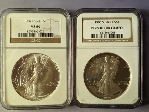1986 P & 1986 S American Silver Eagle 1 Oz NGC Proof PF 69 Ultra Cameo -MS 69