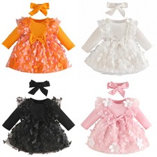 Baby Girls Ruffles Embroidery Ribbed Cute Tulle Dresses Round Collar Bowknot