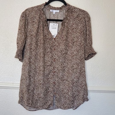 DR2 Womens Floral Ruffle Neck Button Front Blouse Brown XL DR23933VC2 NWT