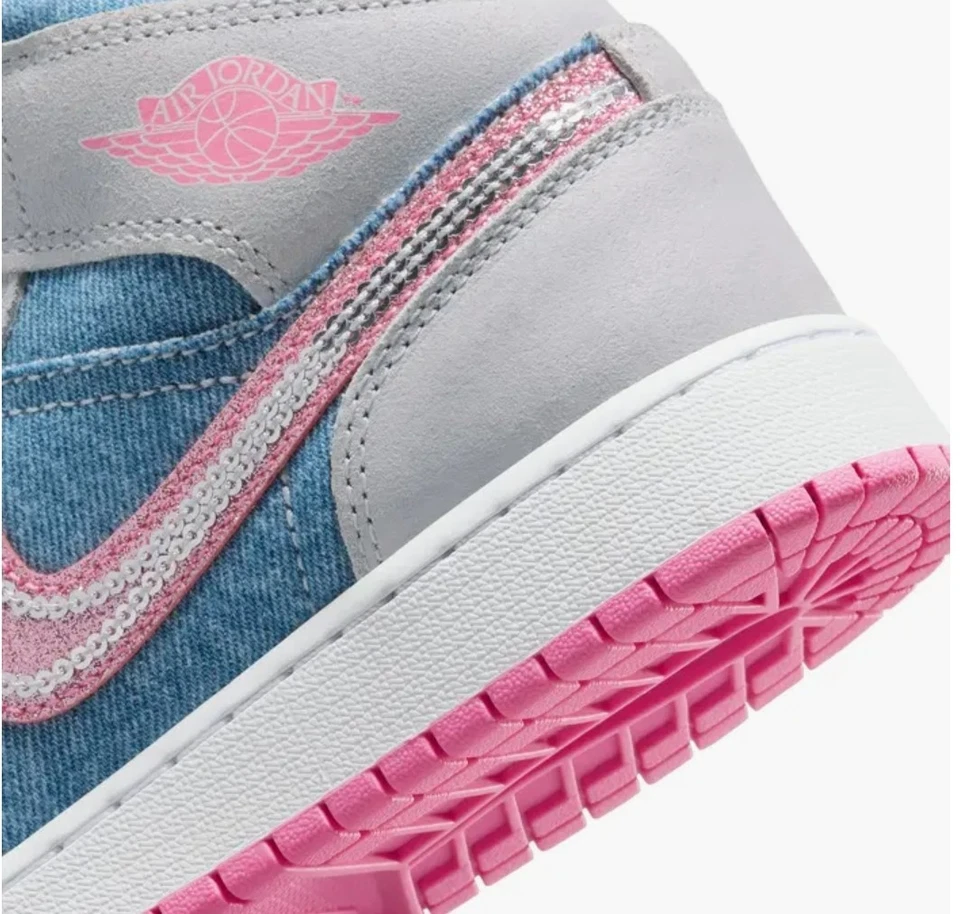 Nike Air Jordan 1 Mid Denim 4Y Lentejuelas GS Juvenil HQ1999-400 Rosa Nuevo Lanzamiento Foto 3 de 4