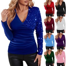 Ladies Glitter Sequins Velvet Tee Tops Long Sleeved V Neck Blouse Party T-Shirts