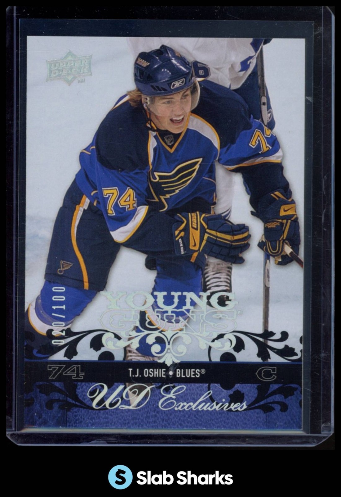 2008 UPPER DECK #218 T.J. OSHIE UD EXCLUSIVES YOUNG GUNS RC ROOKIE /100