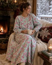 LANZ of SALZBURG Flannel Nightgown XS Green Floral Cottagecore Prairie COTTON