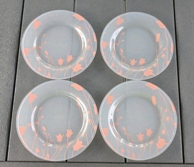4 Vintage Arcoroc France 7.5'' FROSTED Glass Floral Tulip Round Dessert Plates