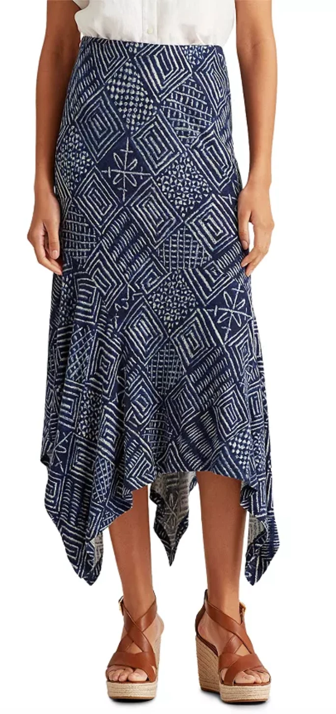 Ralph Lauren Batik Printed Handkerchief A-line Skirt Navy Blue Women's size XL
