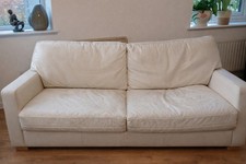 Cream Leather Look 3 Seater Sofa 200cm – Solid & Comfortable – Some Wear