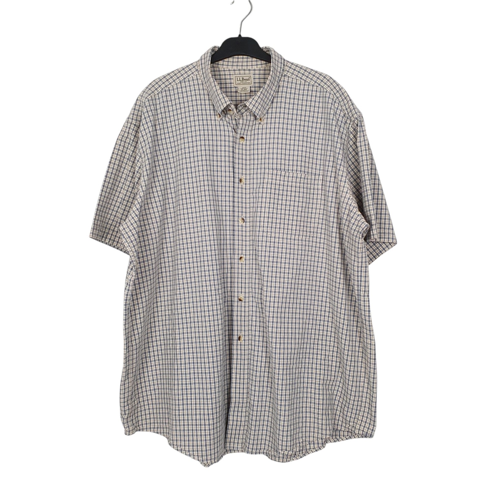 L.L.BEAN Blue Check Shirt Short Sleeve Casual Cotton Mens XL