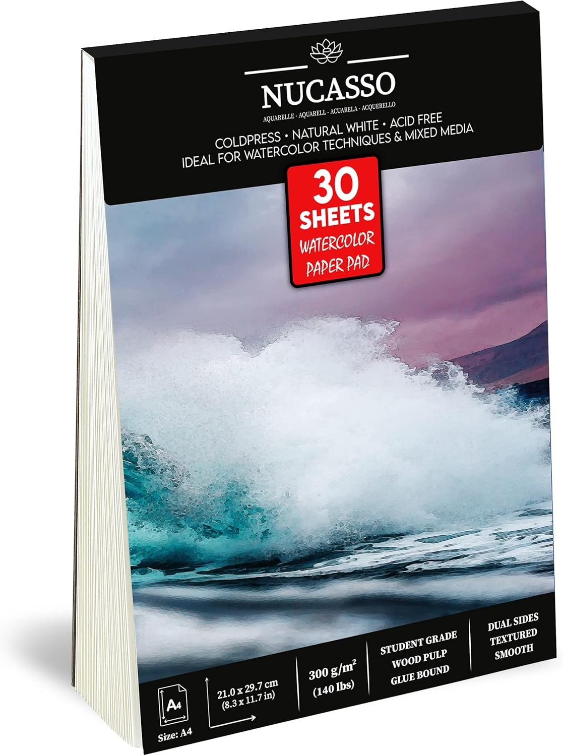 NUCASSO Watercolour Paper Pad A4 x 30 Sheets – Natural White 300 GSM Student