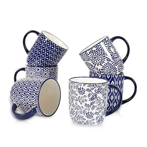 Porcelain 10 oz Coffee Mugs Set of 6 with Handle, Coffee 10 OZ Vintage Blue