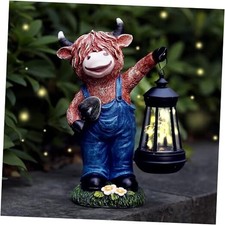 Highland Cow Garden Statue 10.4" with Solar Lantern Decorative Farm Animal
