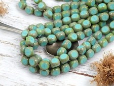 Opaque Turquoise Picasso 3 Cut Round Czech Glass Beads - Choose Your Size
