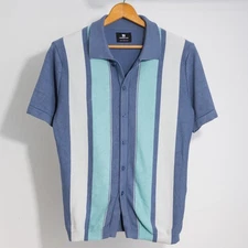 Cotton Knit Polo Shirt Sz M Retro vertical stripe full button up short sleeve