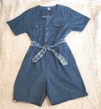 Y2K Gitano Denim Romper Womens L One Piece Belted Chambray Shortall Casual 