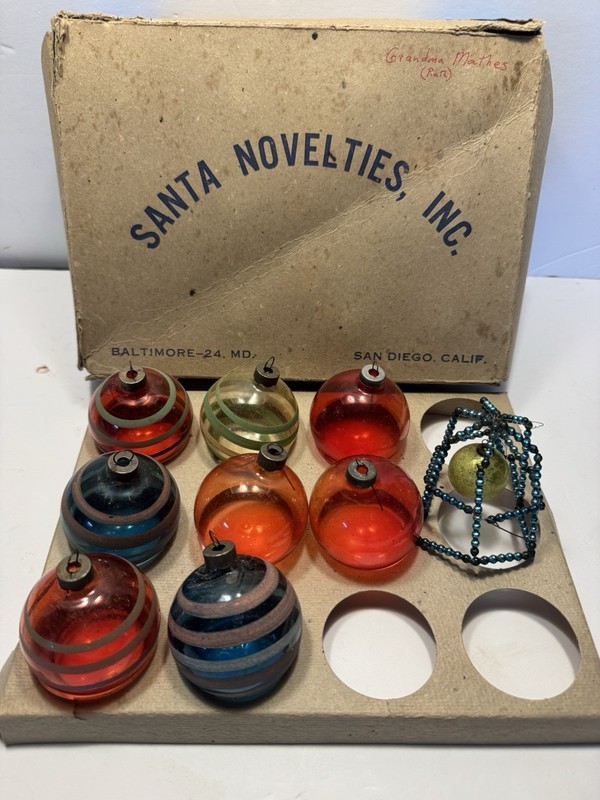 RARE Vtg SANTA NOVELTIES Christmas Ornament BOX  & Unsilvered Striped Ornaments