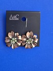 Vintage Arts & Crafts Clip On Earrings Flower Copper color green rhinestones