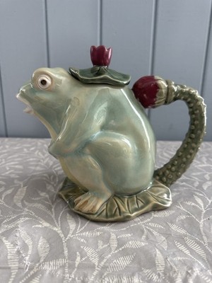 Vintage Frog Teapot Pitcher Majolica Style Henriksen Imports Style Art Pottery