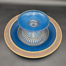 Two Piece Moser? Blue Gold Glass Shrimp Cocktail Hors D'oeuvre Plate & Compote