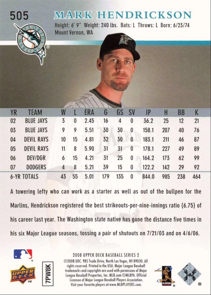 2008 Upper Deck Baseball Mark Hendrickson Florida Marlins #505 - Image 2 of 2