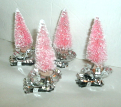 4 PINK CLIP BOTTLE BRUSH CHRISTMAS TREE ORNAMENTS, 3 1/2''