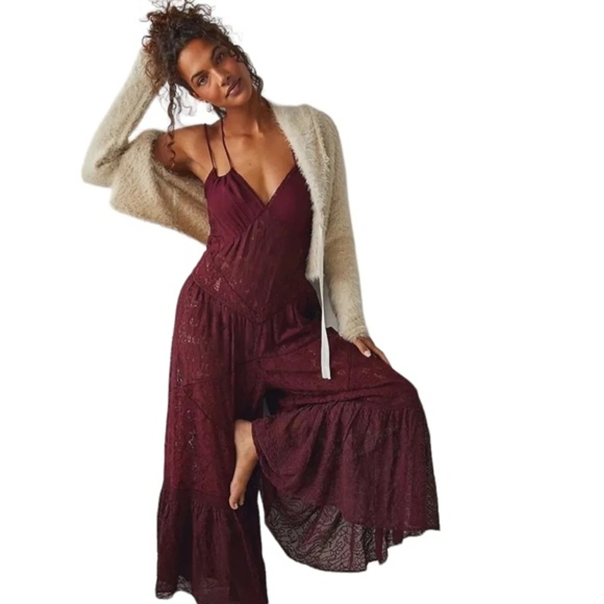Wine lace maxi romper cheap