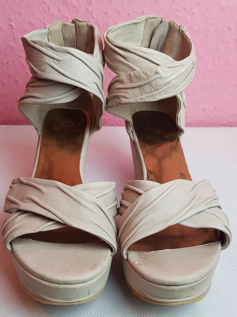 Faith Leather Beige Ankle Strap With Zipper OpenToe Wedge Shoes UK6 EU39 US8