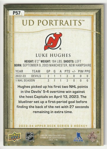 2023-24 Upper Deck "UD Portraits" Insert Rookie Card # P-57 Luke Hughes RC! - Bild 2 von 2
