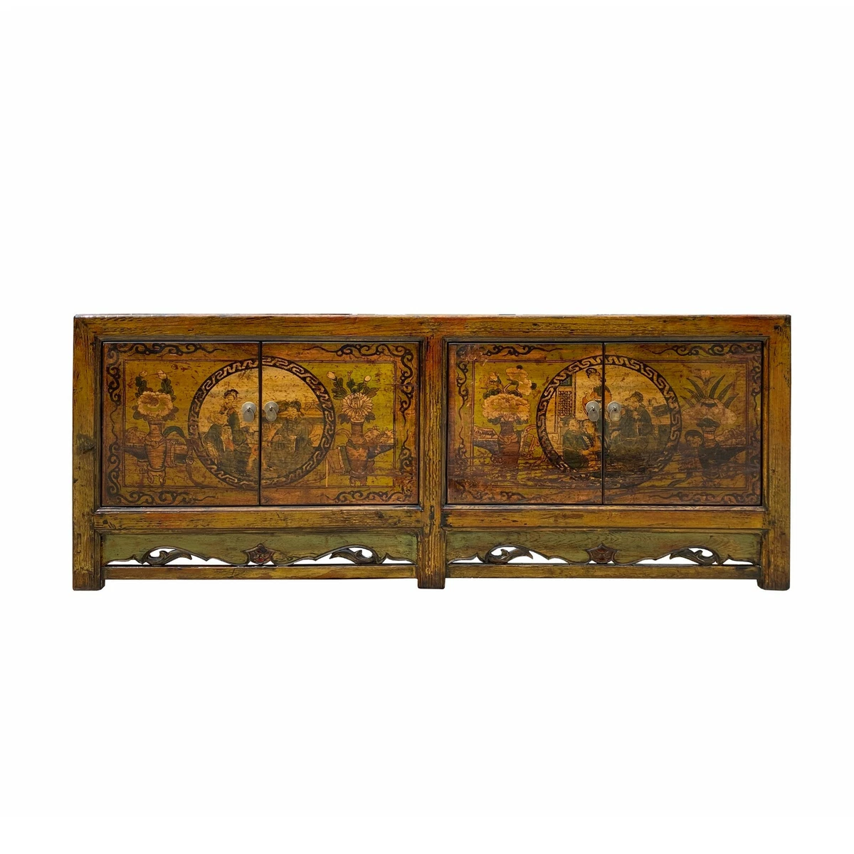 Distressed Olive Green Yellow Scenery Sideboard Table TV Console