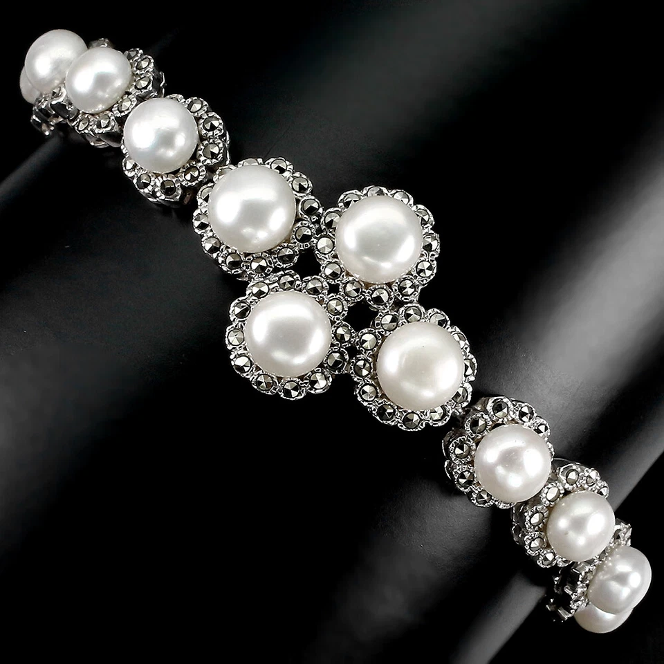 925 Sterling Silver Bracelet Round Pearl 7mm Marcasite Gemstone Jewelry - Image 2 of 4