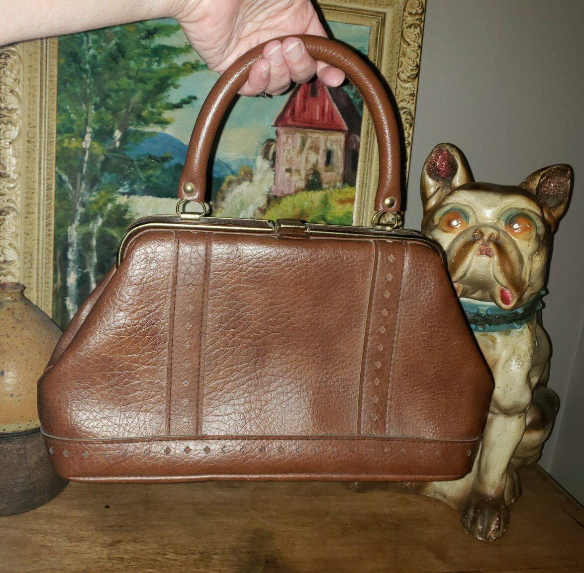 Vintage '50s Brown Naugahyde Faux Leather Frame Bag Handbag Purse