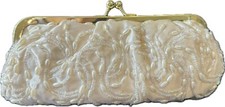 LA REAGALE IVORY SATIN BEADED EVENING BAG WITH LONG CHAINS
