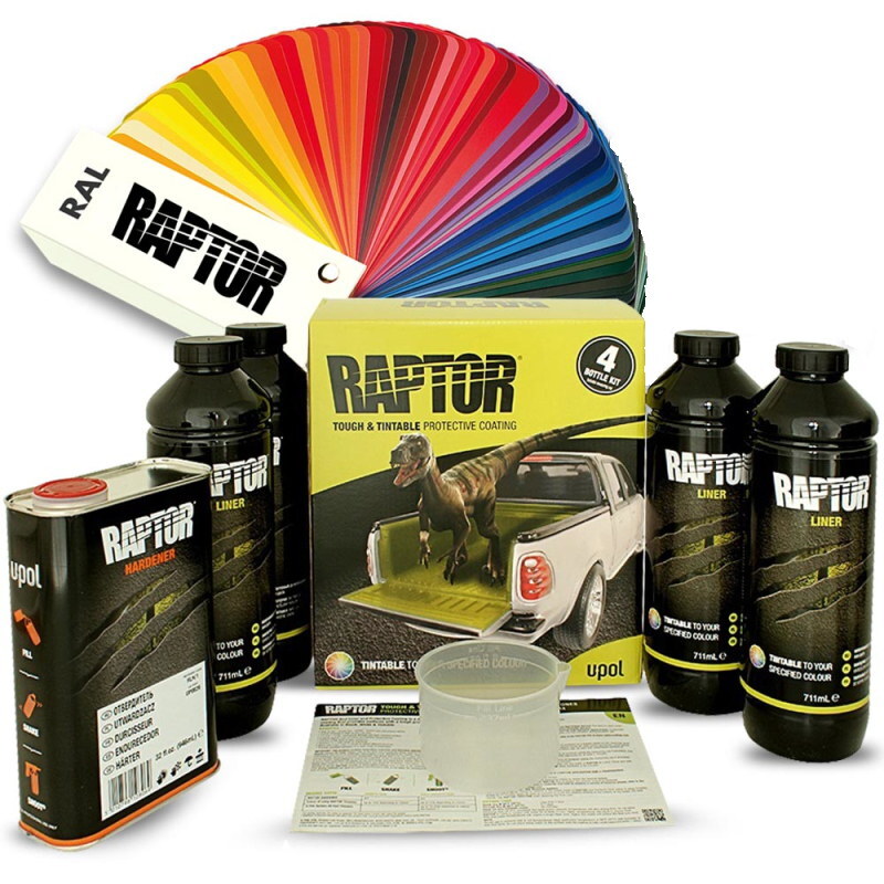 Juego de 4 recubrimientos de pintura Raptor / tintados, negro y todos los colores RAL / Upol