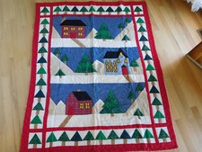 HAND QUILTED  APPLIQUE finished QUILT wall lap throw vtg HOUSE CHURCH Winter
