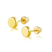 Real 14K Solid round Yellow Gold Tiny Circle Stud Earrings with Screw Back for W