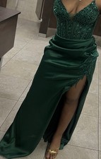 Green Sequin Beaded Satin Formal Gown Mermaid Dress with Slit