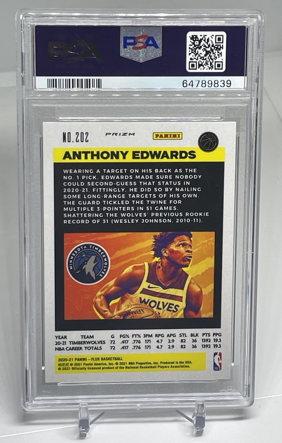 2020-21 Panini Flux Anthony Edwards #202 Blue Cracked Ice Prizm PSA 10 (RC) view 2