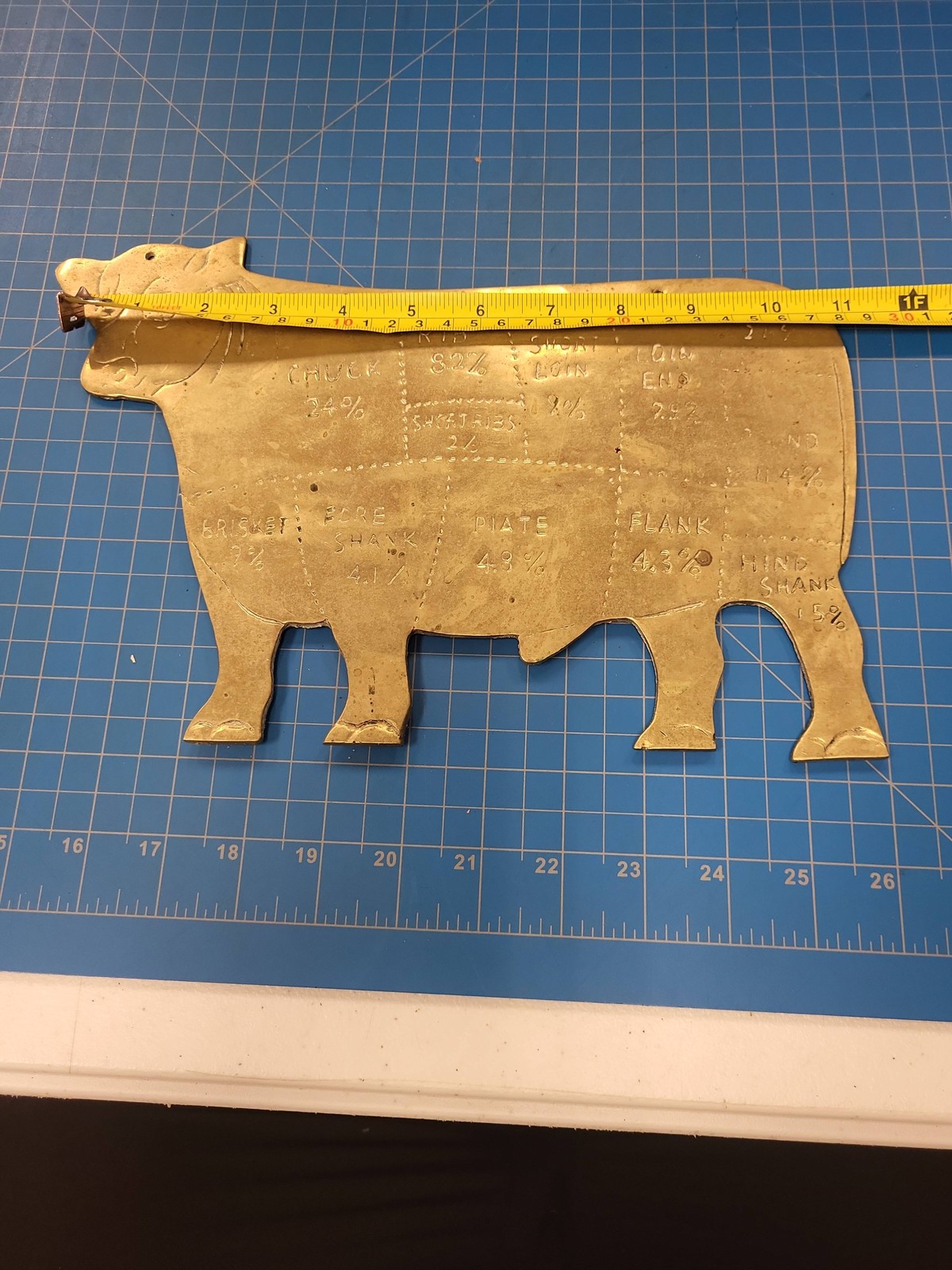Vintage Brass Butcher Cut Chart Bovine Cow Meat Cuts Farmhouse Decor 10.75" Long