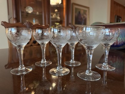 GERDA GLASS. Set Of Six Stemmed Glasses With Animal Etched Motifs