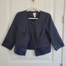 NWT Chico's Tweed Jacket Womens Size 0 Deep Navy Blue Faux Leather Trim Career