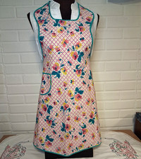 Vintage Full Bib Apron Pink Green Yellow Flow...