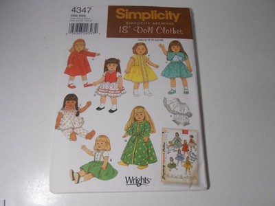 4347 Simplicity Archive Retro Styles Sewing Pattern 18'' Doll Clothes Uncut