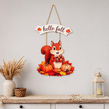 Hello Fall Decorations Pumpkin Maple Leaves Squirrel Door Hanging Sign Autumn