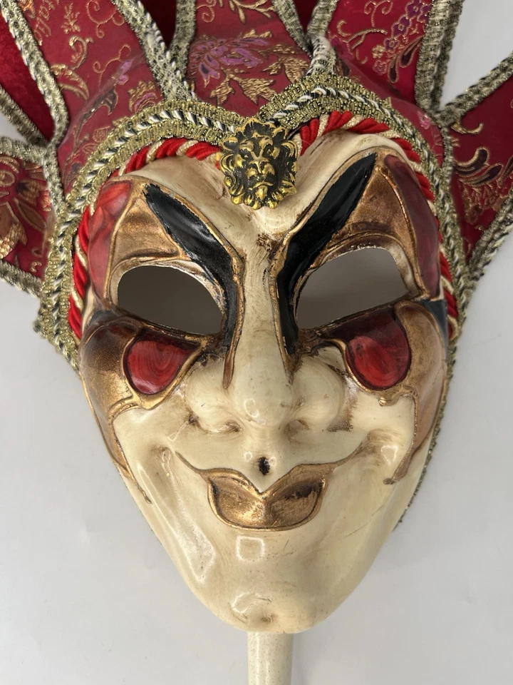 Vtg Jester Joker Venetian Italy Mask Masquerade Mardi Gras Carnival Red W/ Stick - Image 3 of 4