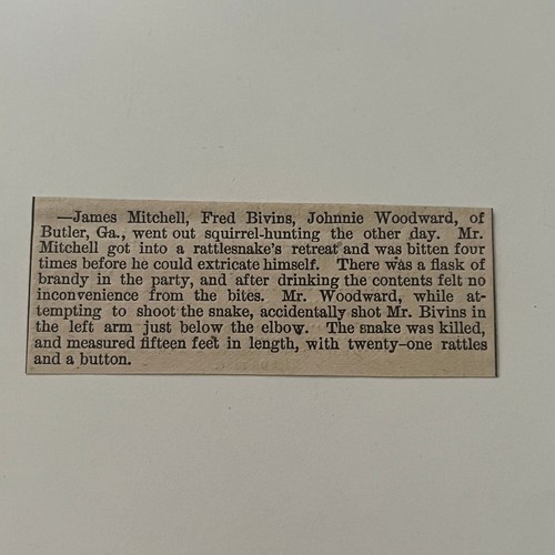 Eichhörnchen Jagd Klapperschlange getötet J Mitchell Butler GA 1878 Clipping SAI4-S37