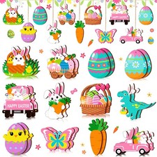 24 Pcs Easter Ornaments for Tree Happy Easter Wooden Hanging Ornaments Egg Bu...